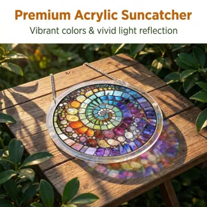 Detailed view of the colorful acrylic suncatcher hanging outdoors with vibrant light reflections.