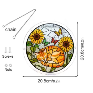 Acrylic stained glass cat suncatcher with sunflower and butterfly design, 20.8cm window hanging.