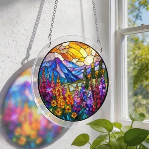 Stained glass style mountain and floral suncatcher, acrylic round window hanging decor for home.
