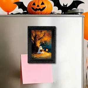 Halloween magnetic photo frame refrigerator sticker detail showing ghost reading book under tree.