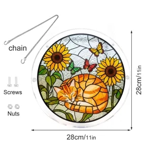 Stained acrylic sleeping cat sunflower suncatcher window hanging decor with chain screws