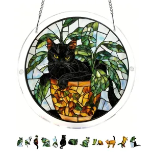 Acrylic stained glass black cat suncatcher window hanging pendant with chain decor