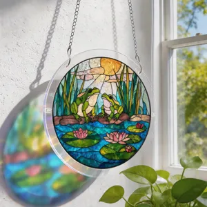 Stained glass acrylic suncatcher detail hanging by the sunny window with vibrant frog design.