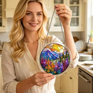 Detailed view of the colorful stained acrylic suncatcher hanging gracefully in a modern kitchen.