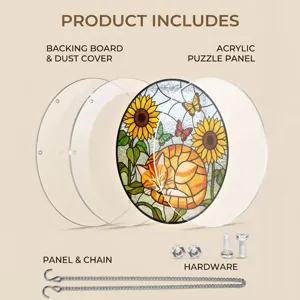 Acrylic cat suncatcher puzzle panel components showing board, chain and hanging hardware.