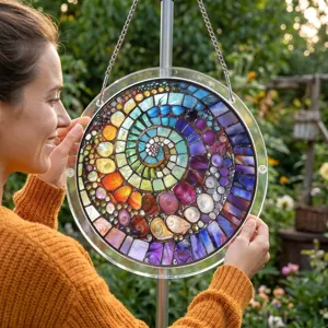 Colorful spiral acrylic suncatcher hanging ornament closeup, beautiful mosaic window decor piece.