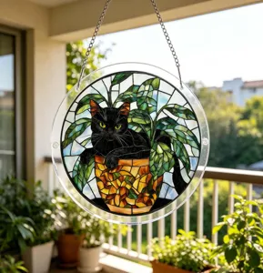 Stained glass black cat window hanging suncatcher closeup, vibrant acrylic plant decor.