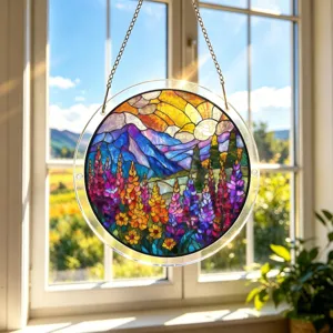 Colorful acrylic stained glass window suncatcher hanging with scenic flower landscape.
