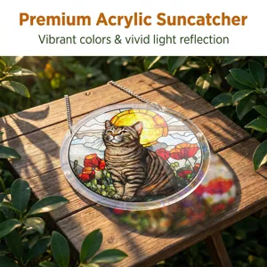 Acrylic cat suncatcher window hanging with stained glass design and vibrant floral colors