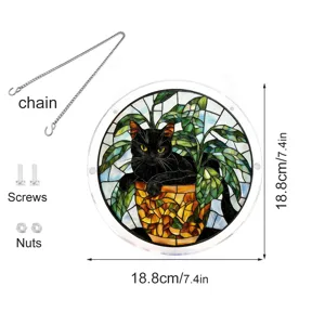 Stained acrylic black cat window suncatcher with chain and screws, 18.8cm round home decor.