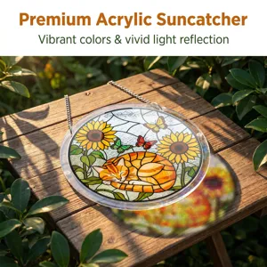 Acrylic cat suncatcher window hanging with sunflower design, vibrant light reflection details.