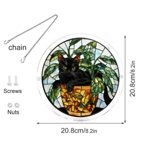 Round acrylic black cat suncatcher window hanging detail with chain and screw accessories.
