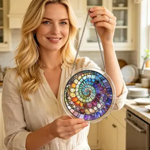 Detailed view of a circular acrylic mosaic stained glass suncatcher hanging with metal chain.