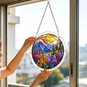 Acrylic stained glass window suncatcher hanging decoration with mountain and flower landscape design.