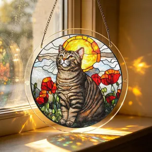 Stained glass style acrylic cat suncatcher hanging ornament with metal chain for window decor.