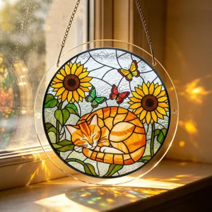 Acrylic suncatcher detail showing stained glass style sleeping cat and sunflower patterns.