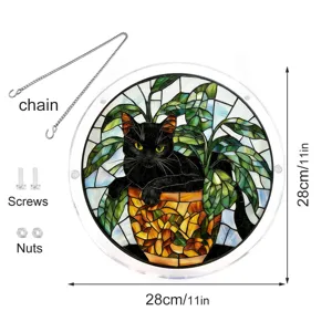 Stained glass black cat suncatcher acrylic window hanging with chain and screws for decor.