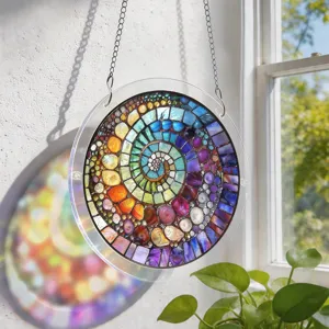 Detailed view of colorful acrylic mosaic suncatcher hanging by window with bright light.