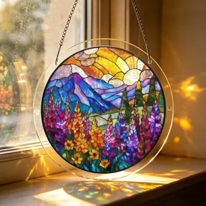 Stained glass suncatcher detail view, acrylic hanging window decor with colorful landscape art.