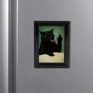 3D lustiger schwarzer Katze Rauchen Kühlschrankmagnet im Vintage Bilderrahmen Deko.