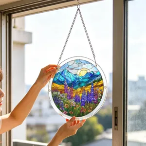 Acrylic puzzle suncatcher window hanging decor with beautiful mountain and flower views.