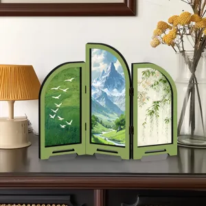 Mini Chinese style landscape folding screen detail shot, perfect desktop decor ornament.