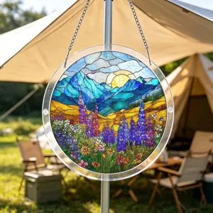 Acrylic suncatcher puzzle hanging ornament, stained glass style mountain landscape window decor