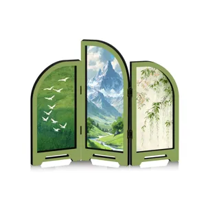 Miniature desktop folding screen detail, traditional Chinese landscape art acrylic decor.