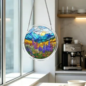 Acrylic suncatcher window hanging with stained glass style mountain landscape design for home decor.