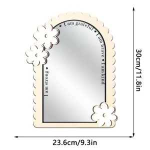 Wooden arch wall mirror with floral decor inspirational text home bedroom decor 30cm