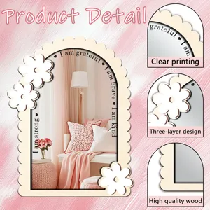 Wooden mirror aesthetic decor with scalloped flower design for home bedroom wall or table display.