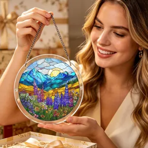 Acrylic suncatcher puzzle hanging decor detail showing colorful mountain and flower landscape.