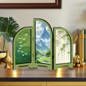 Mini Chinese style folding screen acrylic desktop ornament with landscape art for home decor.
