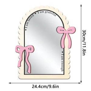 Wooden decorative mirror with pink bows, aesthetic wall hanging and tabletop makeup mirror.