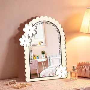 Wooden arched desktop mirror with floral decor, cute aesthetic vanity mirror for bedroom decor.