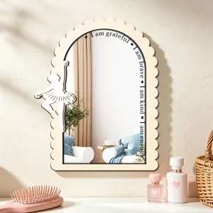 Wooden decorative arch mirror with cute ballerina cutout, natural wood finish, chic home decor.