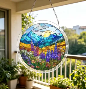 Round stained glass style acrylic suncatcher window hanging with mountain and flower scenery.