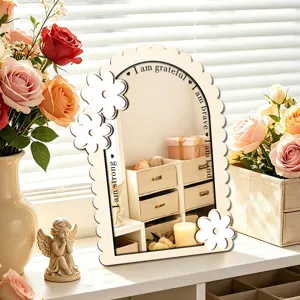 Wooden acrylic decorative mirror with flower design and engraved affirmations for room decor.
