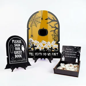 Halloween wedding guest book alternative detail view showing wooden drop top frame and sign set.
