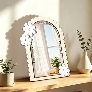 Wooden acrylic decorative mirror with scalloped frame and inspirational quotes for bedroom.