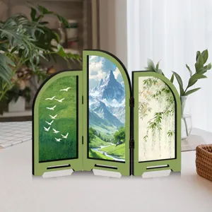Detail view of the creative Chinese style mini acrylic folding screen ornament on desk.