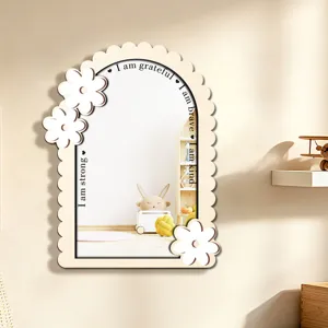 Wooden wall mirror with cute white flowers and inspirational English text for home room decor.