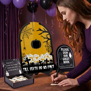 Halloween wedding guest book drop top frame sign set with wooden box and personalized tokens for party