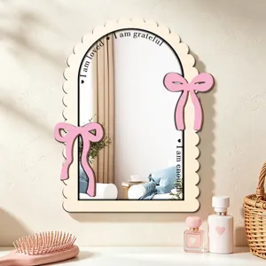 Wooden aesthetic mirror with pink bows and inspirational quotes for bedroom wall or desk decor.
