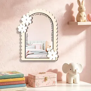 Wooden acrylic arch wall mirror with floral decor, aesthetic hanging mirror for bedroom decor