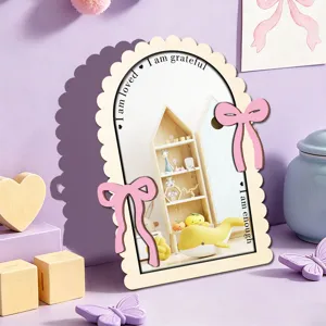 Wooden arch decorative mirror with pink bow accents and positive text detail for bedroom