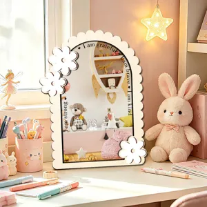 Wooden arched desktop mirror detail, cute floral decor and inspirational text design for kids.
