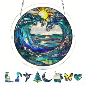 Acrylic suncatcher puzzle window hanging decoration with ocean wave design and shapes.