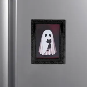 Adorable cadre photo magnétique fantôme et chat noir d'Halloween pour déco de cuisine.