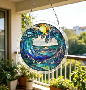 Circular acrylic suncatcher window hanging with beautiful stained glass wave and sun design.